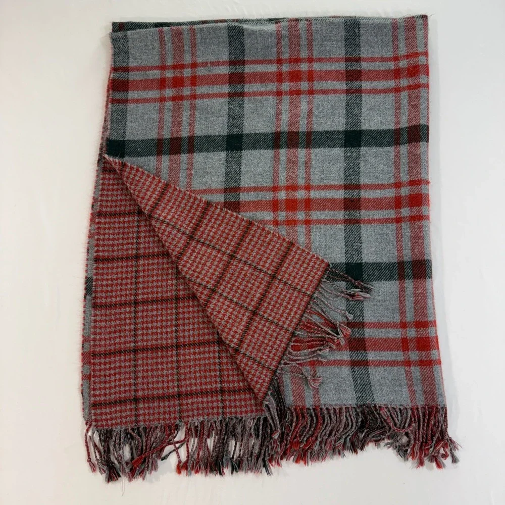 Pottery Barn Reversible Plaid Throw Blanket Red Grey Houndstooth Fringe 50x60